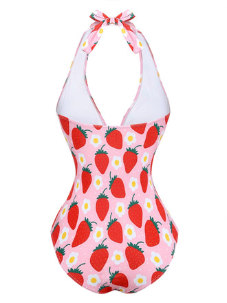 Plissé Tummy Control Fraise Maillot de Bain Une Pièce Années 1950 2