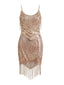 Robe champagne à fines bretelles franges et sequins années 1920