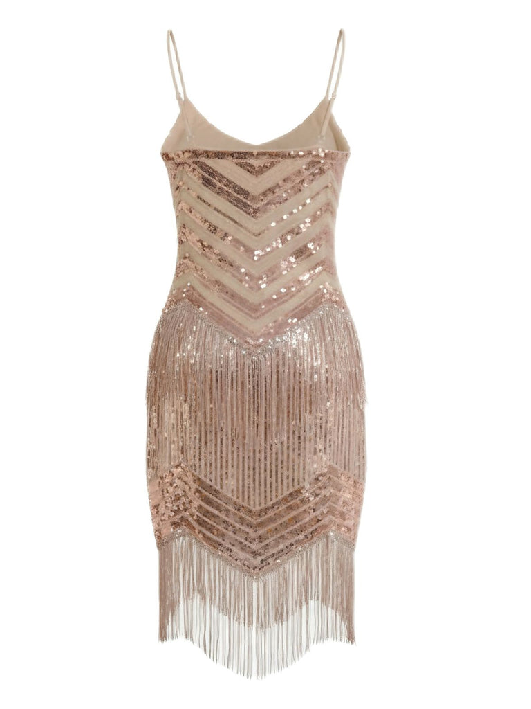 Robe champagne à fines bretelles franges et sequins années 1920