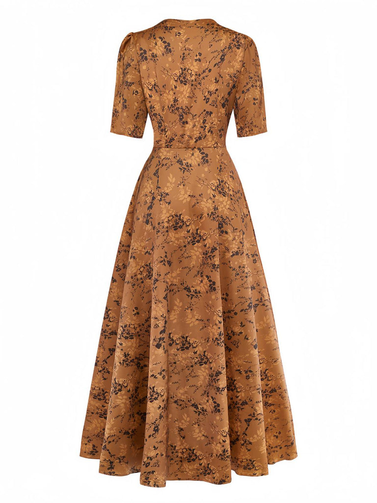Robe Maxi Marron Motifs Floraux Discrets Années 1930
