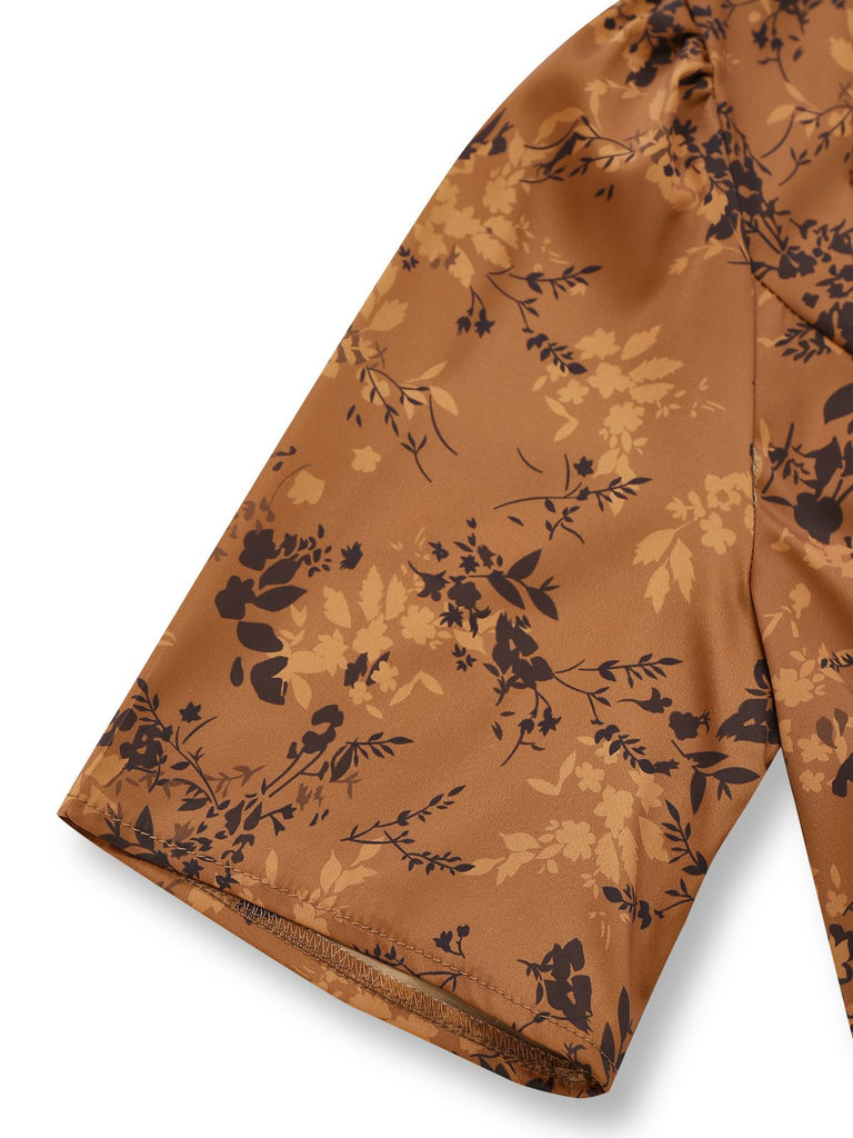 Robe Maxi Marron Motifs Floraux Discrets Années 1930