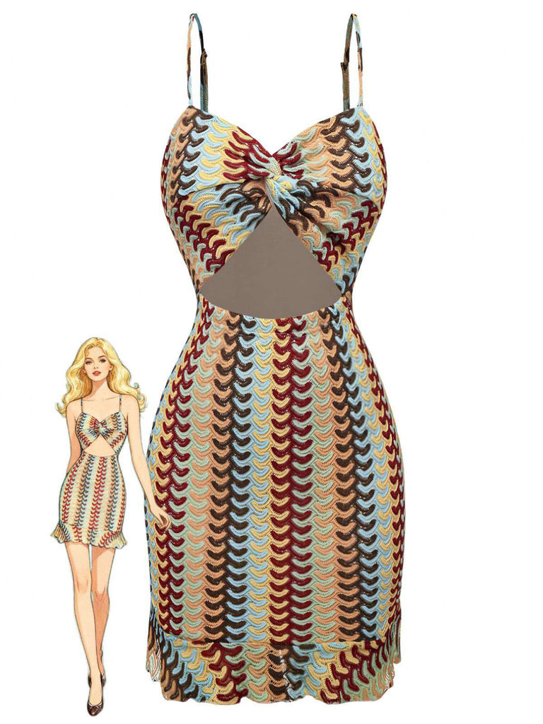 Robe multicolore en crochet ajouré à ourlet torsadé et volants années 1960