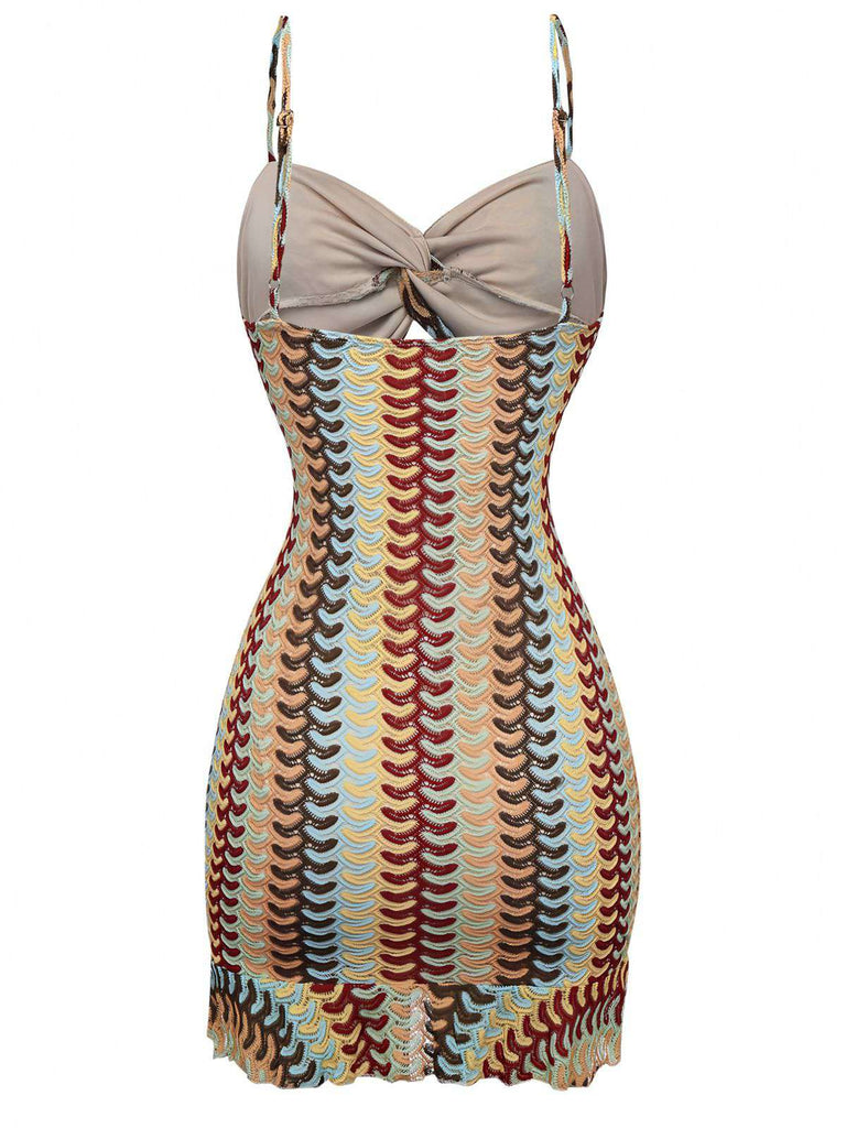 Robe multicolore en crochet ajouré à ourlet torsadé et volants années 1960