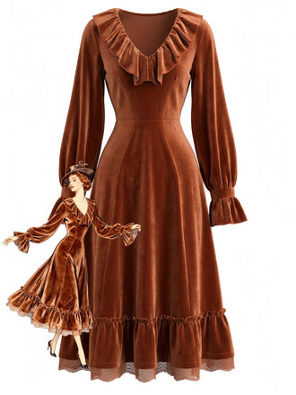 Robe marron en velours côtelé uni à volants et dentelle années 1940