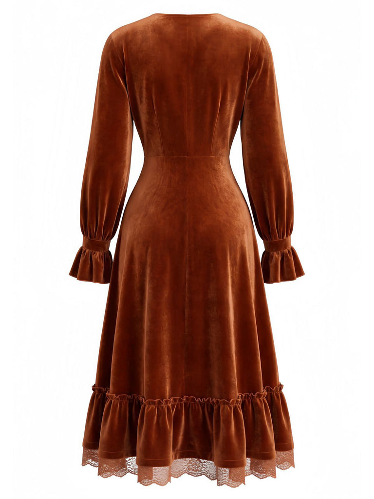 Robe marron en velours côtelé uni à volants et dentelle années 1940
