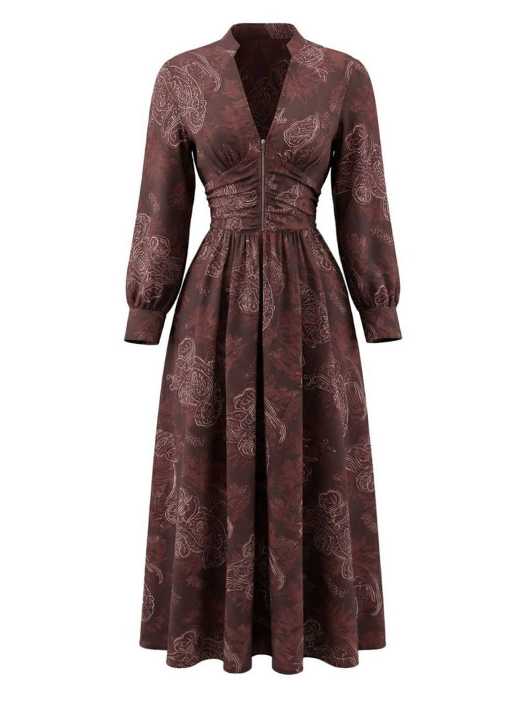 Robe Marron Boho Paisley  Col V Montant Smocké Années 1970