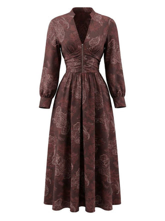 Robe Marron Boho Paisley  Col V Montant Smocké Années 1970