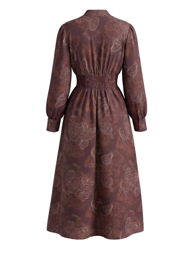 Robe Marron Boho Paisley  Col V Montant Smocké Années 1970