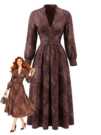 Robe Marron Boho Paisley  Col V Montant Smocké Années 1970