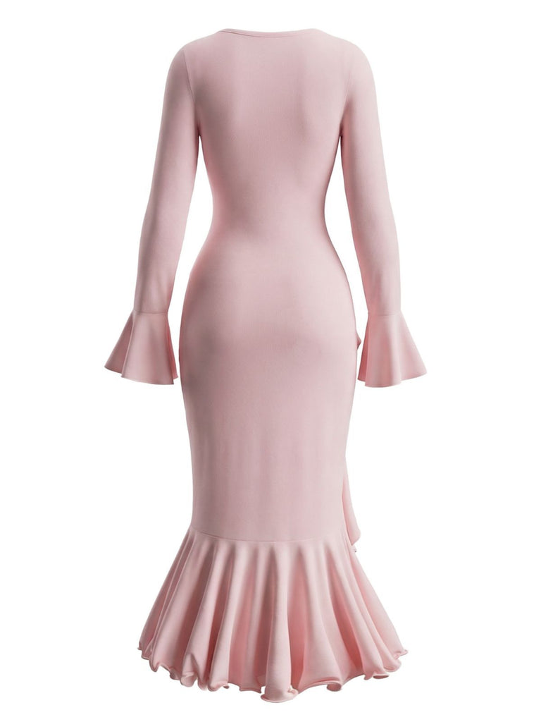 Robe sirène à volants boutons et fente latérale des années 1930