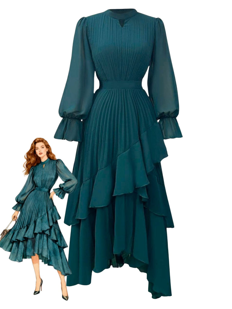 Robe plissée verte unie à ourlet volanté années 1950