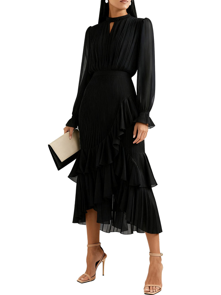 Robe plissée verte unie à ourlet volanté années 1950