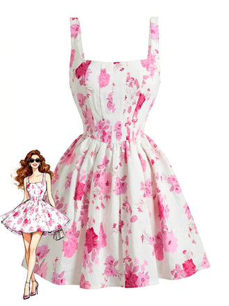 Robe mini sans manches col carré rose 1950s