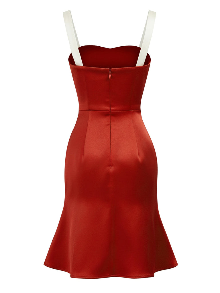 [Prévente] Robe sirène rouge en satin colorblock avec grand nœud années 1930