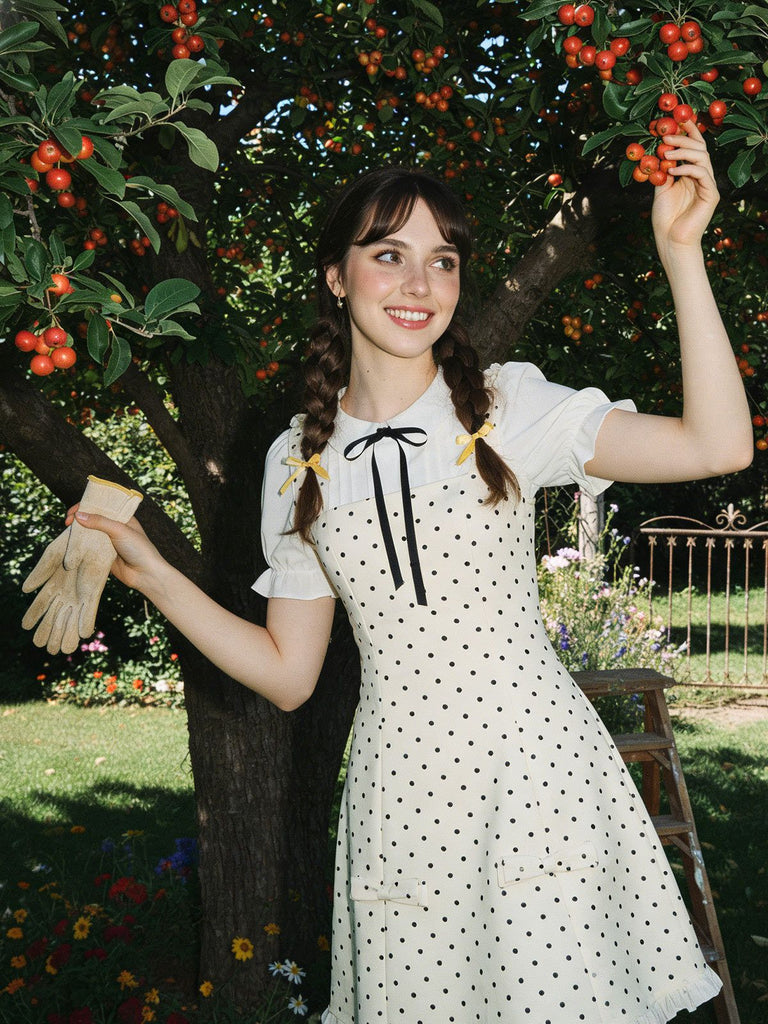 [Prévente] Robe pois abricot style avec nœud et blocs de couleurs années 60