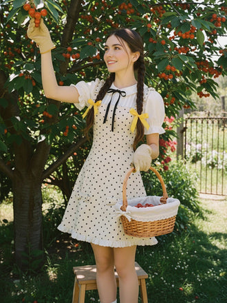 [Prévente] Robe pois abricot style avec nœud et blocs de couleurs années 60