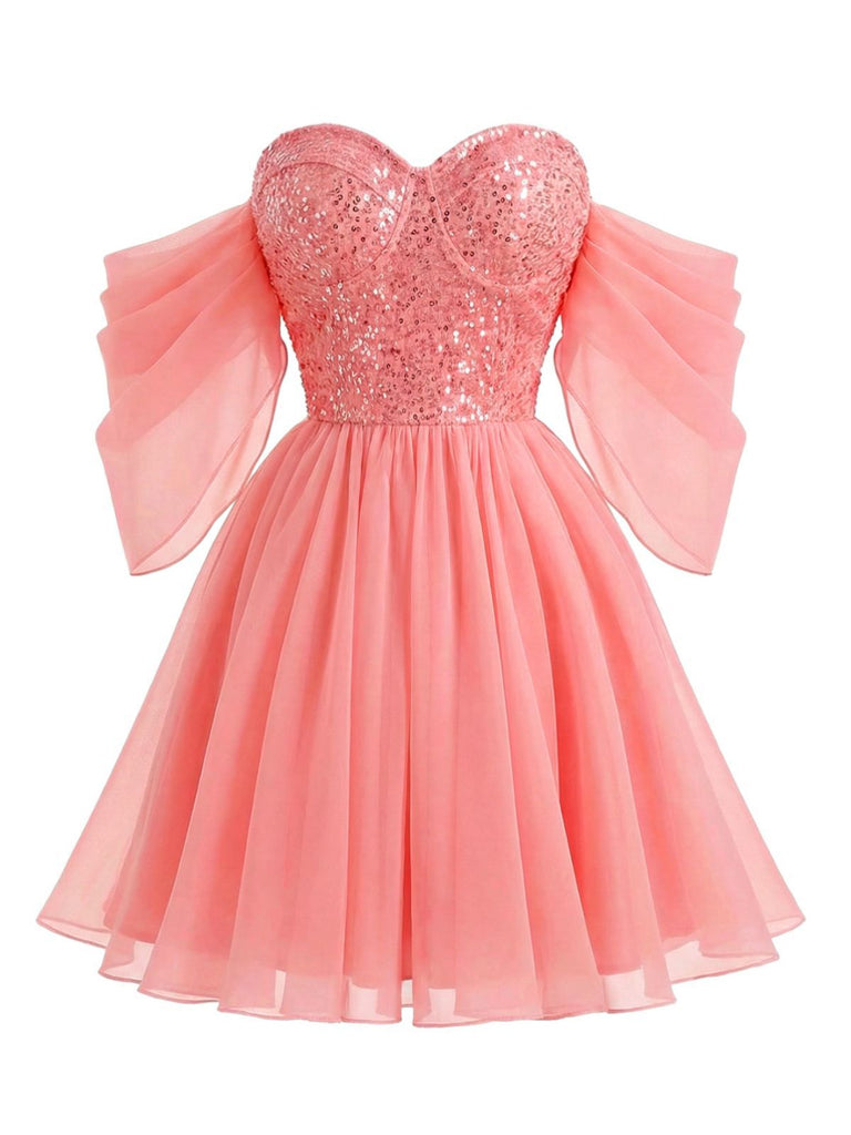 Robe rose à sequins et résille des épaules dénudées années 1950