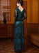 Robe longue bleu-vert à sequins et perles col en V années 1920