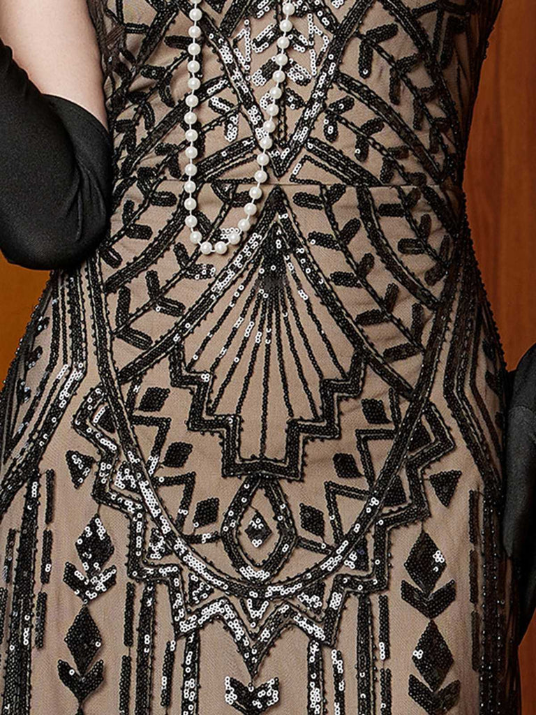 Robe de soirée longue en résille à sequins noirs style Gatsby années 1920