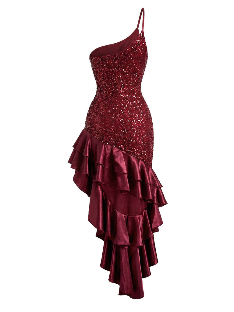 Robe rouge asymétrique à sequins et volants années 1930