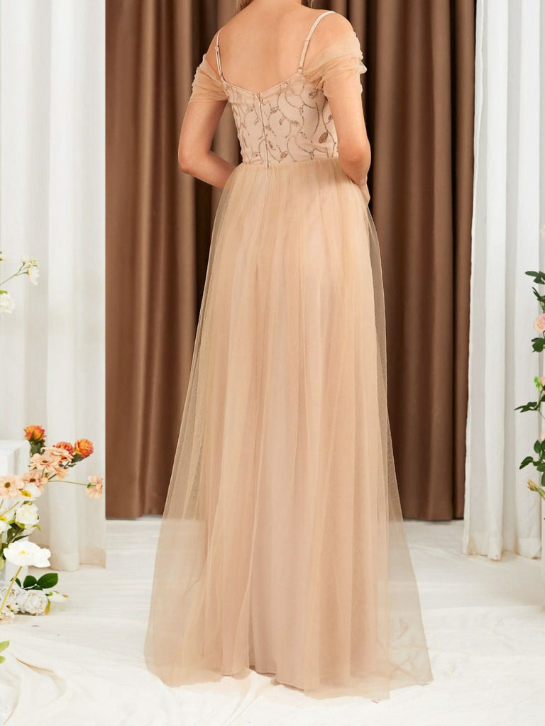 Robe Épaule Dénudée Maillage Paillettes Patchwork Beige Année 1930