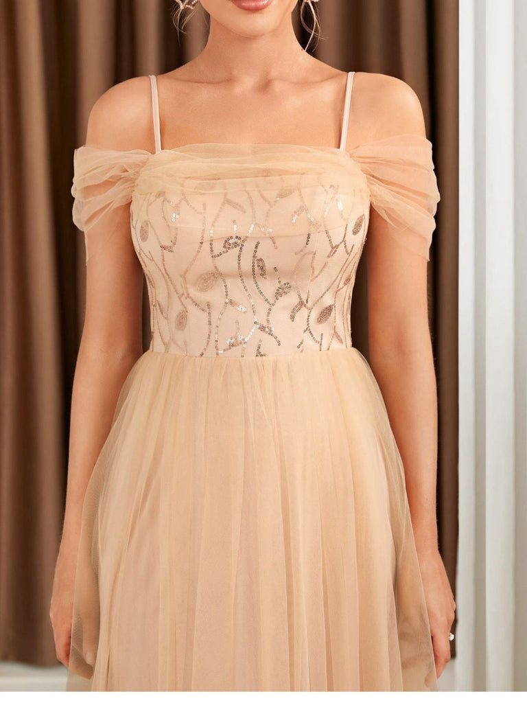 Robe Épaule Dénudée Maillage Paillettes Patchwork Beige Année 1930