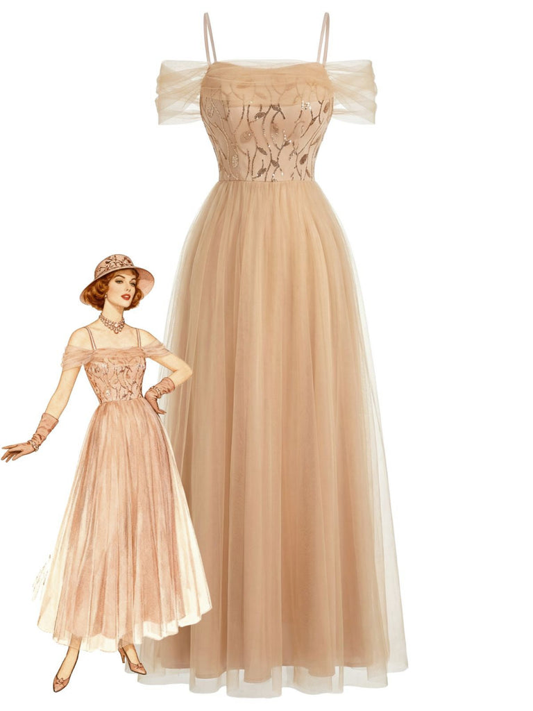 Robe Épaule Dénudée Maillage Paillettes Patchwork Beige Année 1930