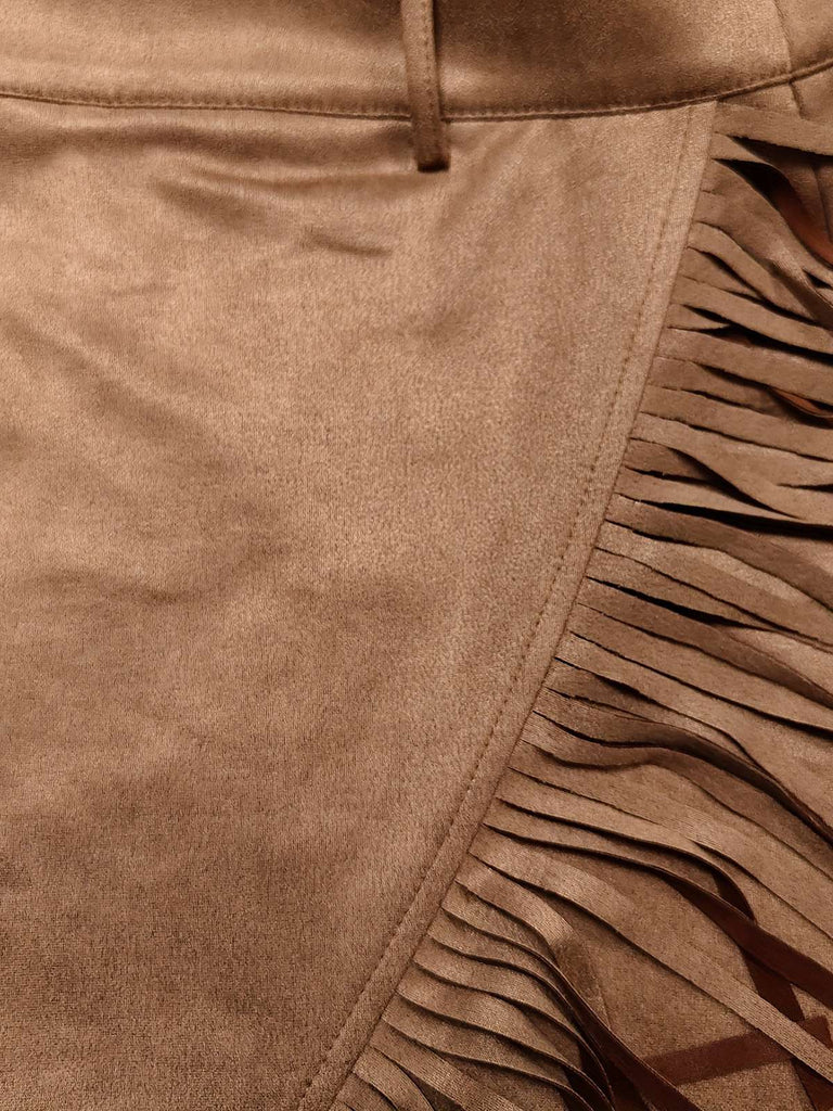 Jupe Simili Daim Marron Franges Ourlet Asymétrique Année 1960