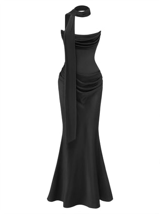 Robe moulante unie froncée sans bretelles avec foulard années 1980