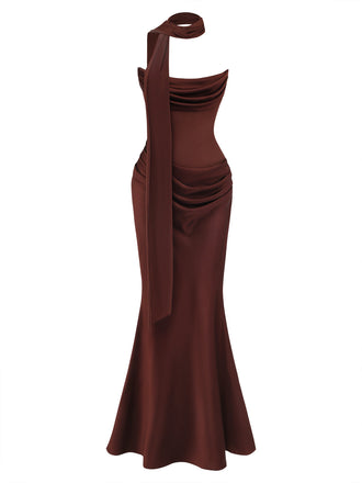 Robe moulante unie froncée sans bretelles avec foulard années 1980