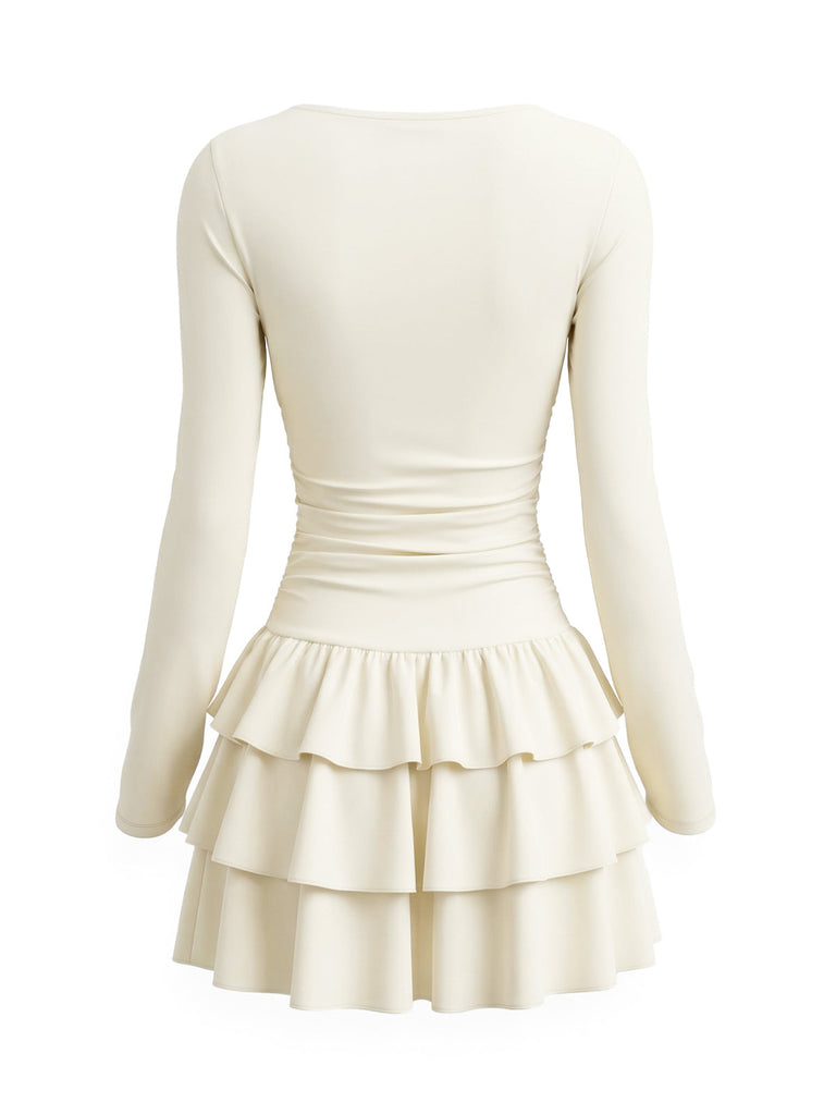 Robe courte froncée à la taille et volants étagés années 1980