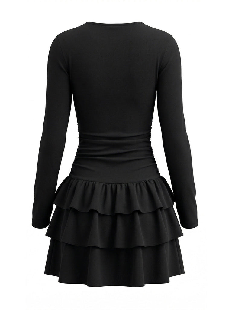 Robe courte froncée à la taille et volants étagés années 1980