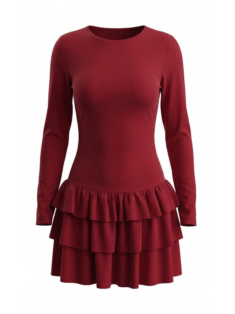 Robe courte froncée à la taille et volants étagés années 1980