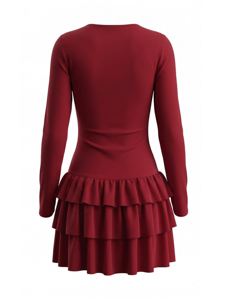 Robe courte froncée à la taille et volants étagés années 1980