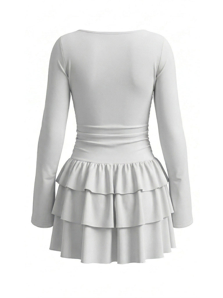 Robe courte froncée à la taille et volants étagés années 1980