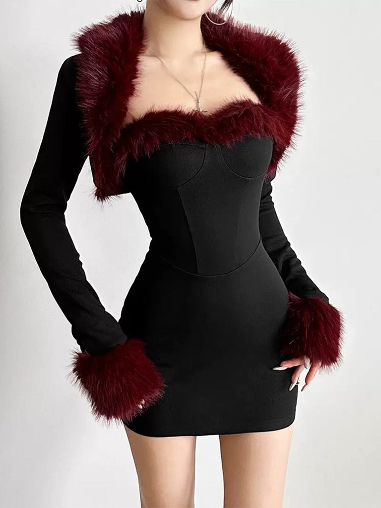 Ensemble deux pièces noir, robe fourreau à décolleté cœur et veste courte années 1980 - 4