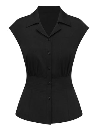 [Prévente] Noir Uni Manches Volantées Blouse Années 1950 2