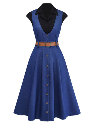 [Prévente] 2PCS Noir Uni Blouse & Denim Ceinture Robe Années 1950 2