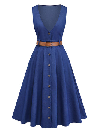 [Prévente] Bleu Denim Ceinture Robe Midi Années 1950 2