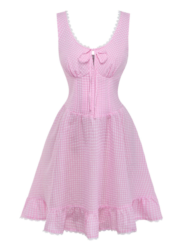 Rose Nœud Dentelle Vichy à Lacets Robe Années 1960 2