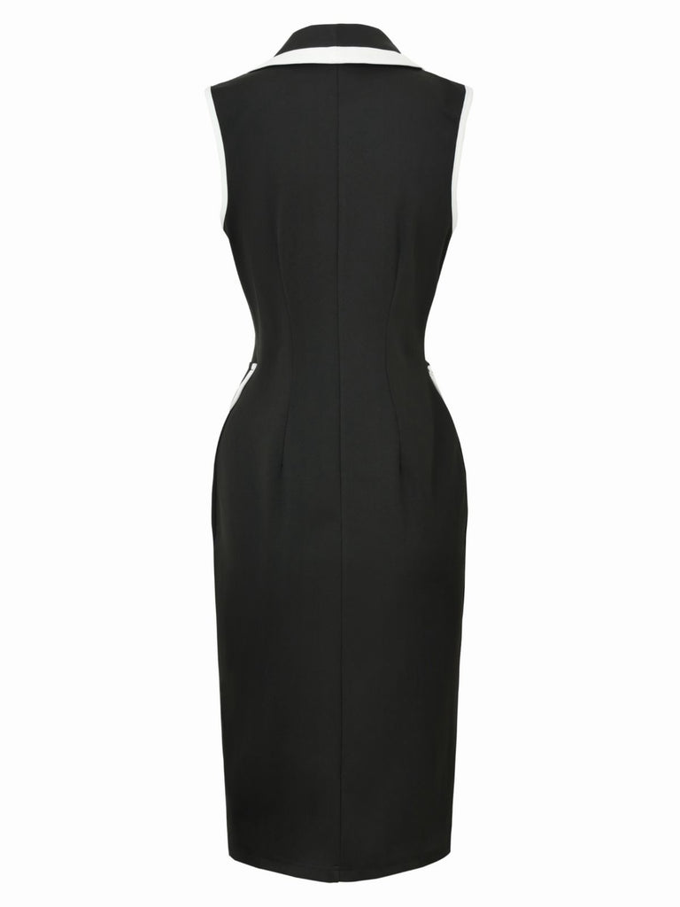 Robe moulante noire sans manches à revers et boutons années 60