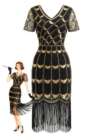 Robe Flapper Paillettes Perles Franges Année 1920