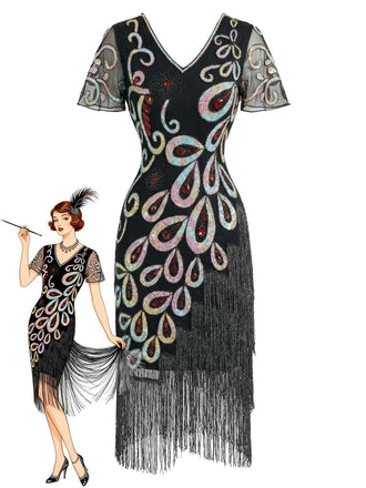Robe Flapper Paon Paillettes Perles Franges Noire Année 1920