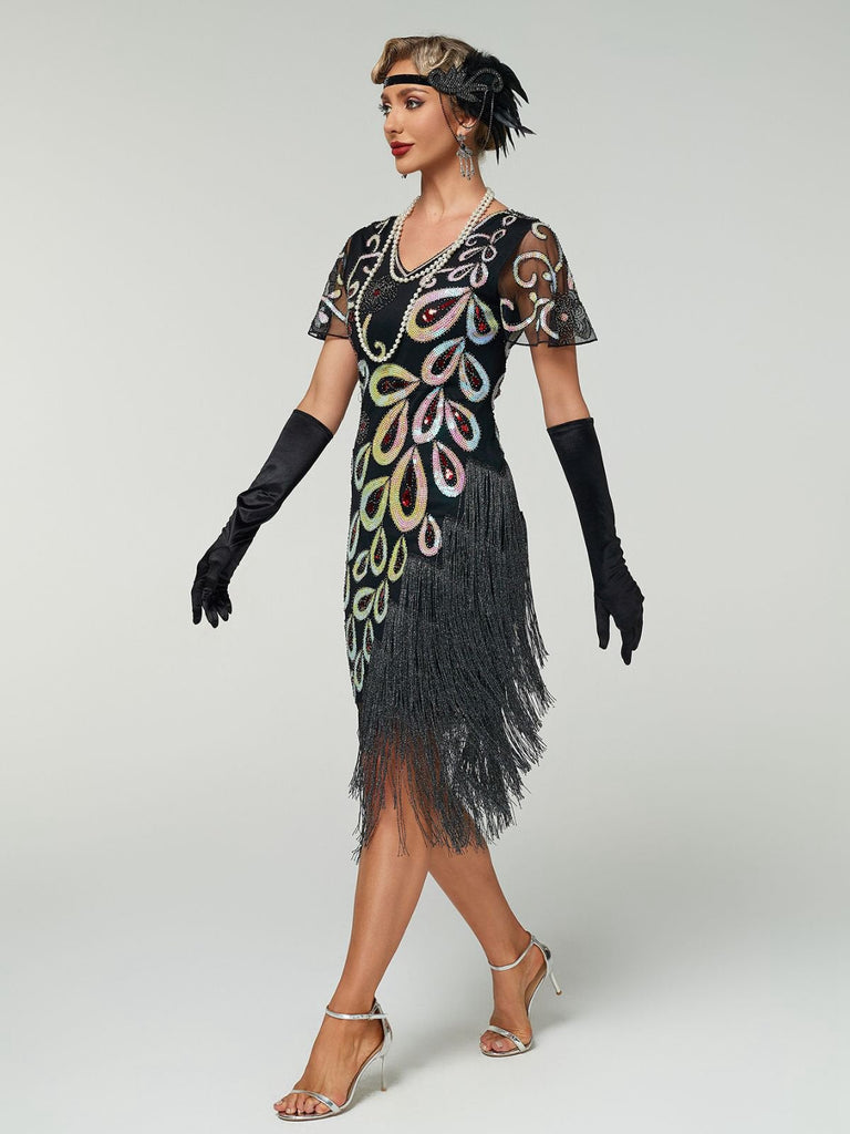 Robe Flapper Paon Paillettes Perles Franges Noire Année 1920