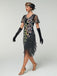 Robe Flapper Paon Paillettes Perles Franges Noire Année 1920