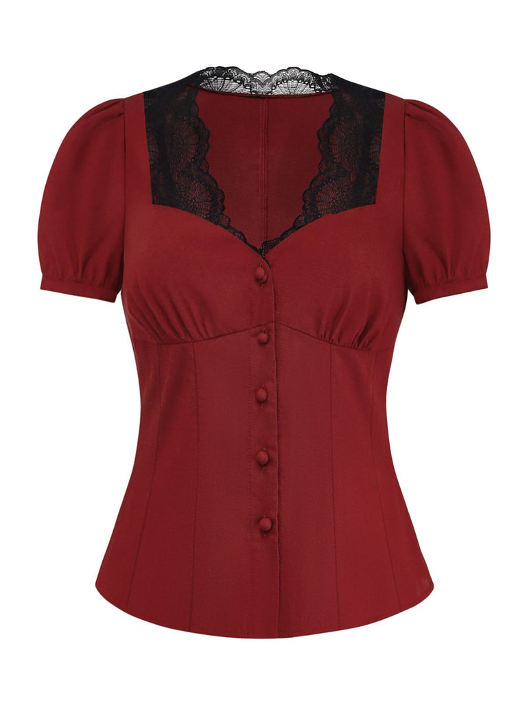[Prévente] Chemise boutonnée à manches bouffantes en dentelle bordeaux années 1950