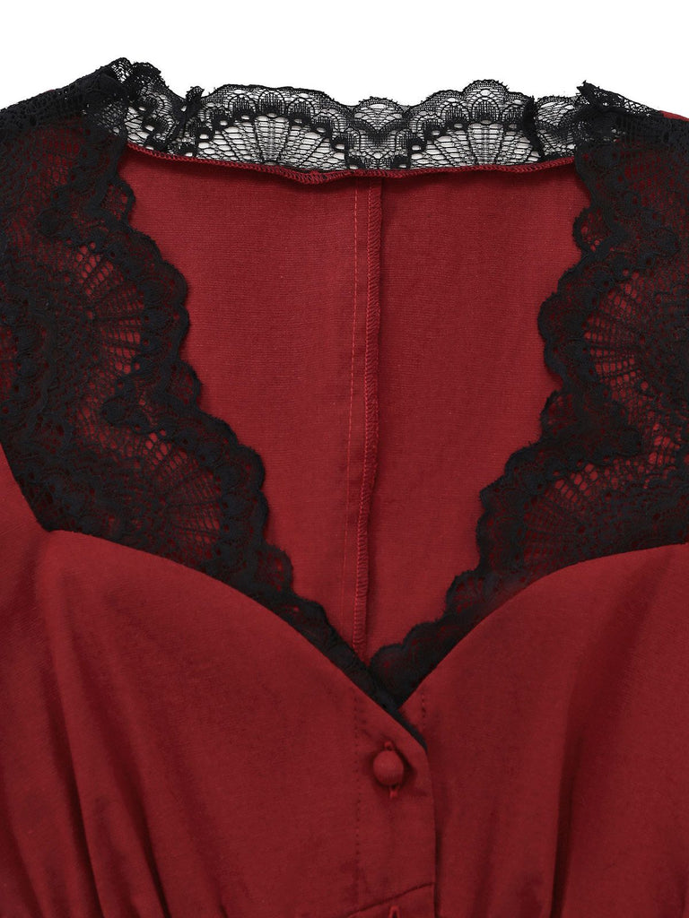 [Prévente] Chemise boutonnée à manches bouffantes en dentelle bordeaux années 1950