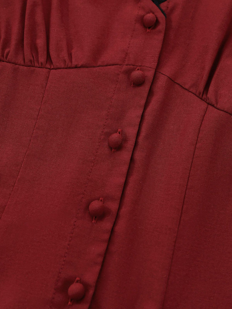 [Prévente] Chemise boutonnée à manches bouffantes en dentelle bordeaux années 1950