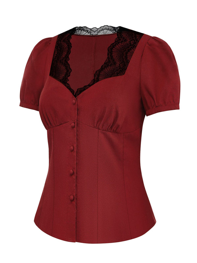 [Prévente] Chemise boutonnée à manches bouffantes en dentelle bordeaux années 1950