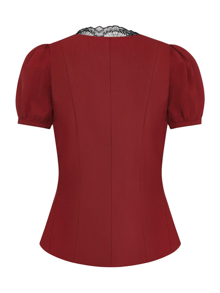 [Prévente] Chemise boutonnée à manches bouffantes en dentelle bordeaux années 1950